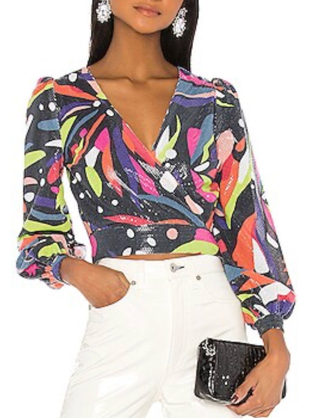 NWT Olivia Rubin Kendall Sequin Blouse Crop Wrap Top Abstract Floral Size 0